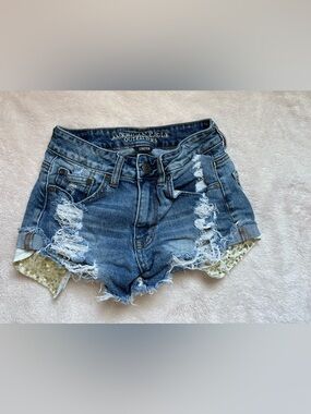 American Eagle Outfitters Blue Distressed Sequin-Trim Denim Shorts